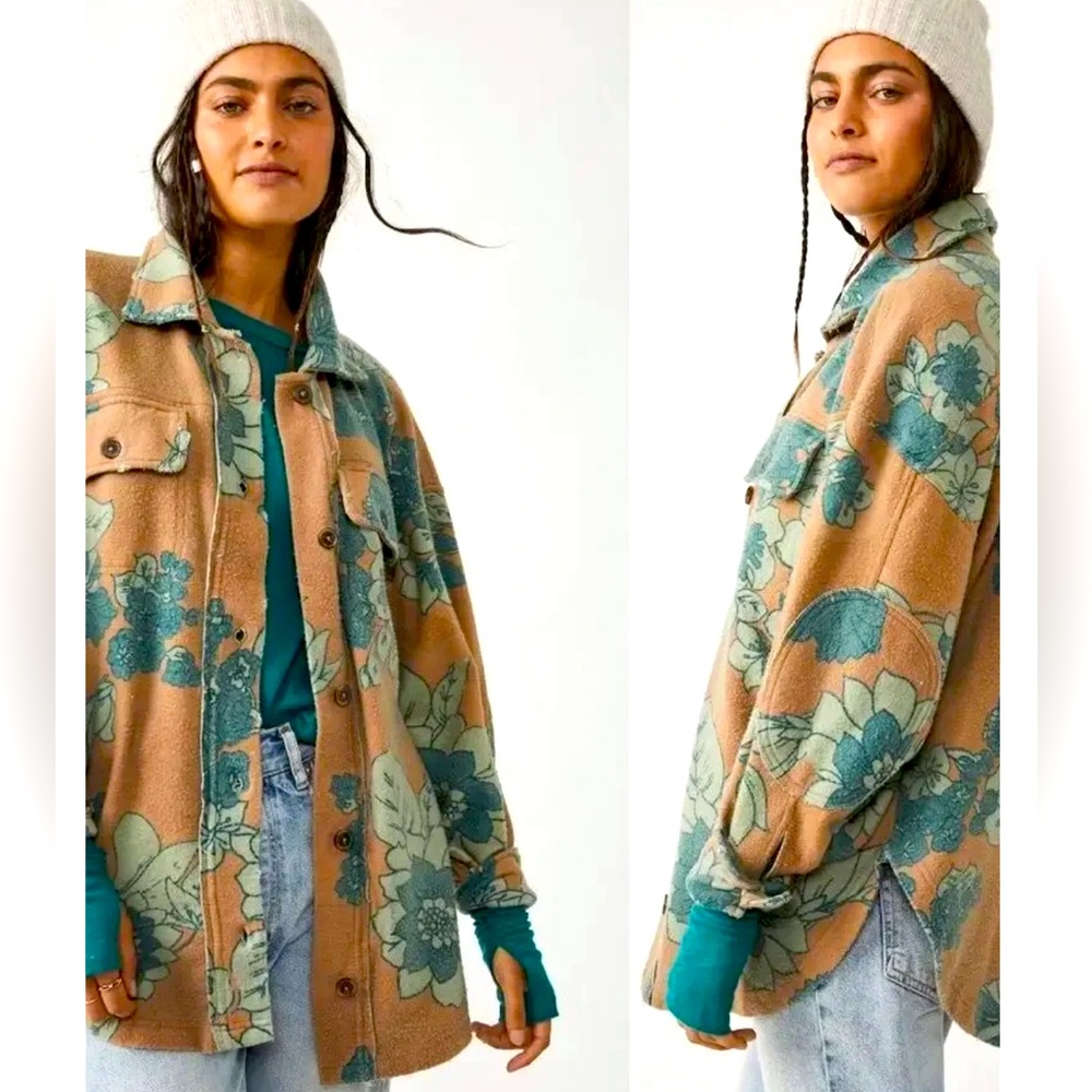 Free People Ruby jacket tan/teal floral distressed shirt jacket .